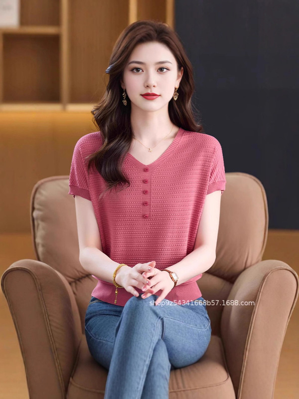夏季冰丝针织短袖t恤女2025年新款时尚百搭V领薄款舒适T恤上衣女|undefined