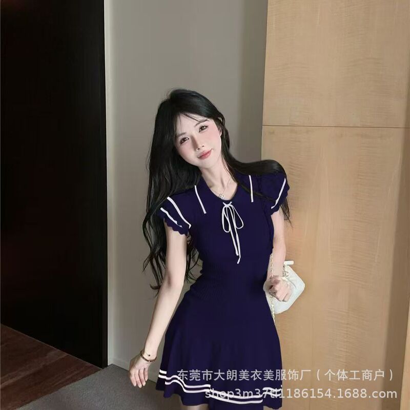Summer New Style Contrasting Color College Style Knitted Skirt for Hot Girls Pure Desire Slim Waist Slimming Dress