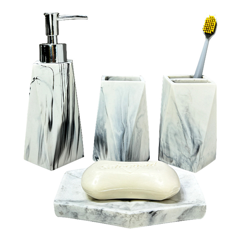 Juego de cuatro piezas con patrón de mármol de resina de baño de hotel, juego de lavado de baño para el hogar nórdico, botella de desinfectante de manos, plato de jabón