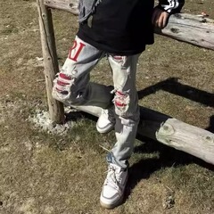 潮牌做旧欧货个性破洞刺绣印花贴布时尚男士复古蓝牛仔裤春季修身