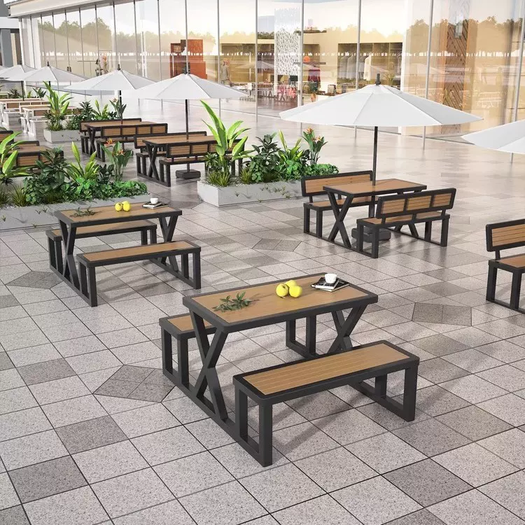 户外庭院露天防水防晒连体桌椅室外商用餐桌塑木靠背长条桌椅组合
