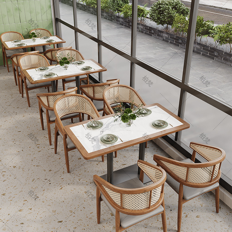 Sillas de comedor de madera maciza de caña de cera retro madera envolvida tabla de roca mesa de comedor de lino hotel sala de desayuno mesa de comedor sillas
