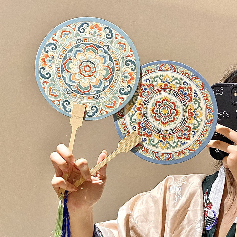 Ethnic Style Dunhuang Round Fan with Retro Wooden Handle and Tassels, Chinese Classical Style, Portable for Summer Cooling, Home Decoration Ethnic Style Dunhuang Round Fan with Retro Wooden Handle and Tassels, Chinese Classical Style, Portable for Summer Cooling, Home Decoration