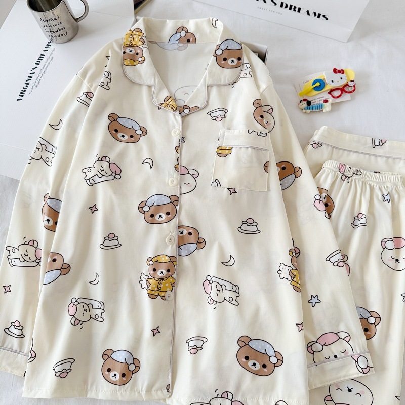 Pijamas al por mayor transfronterizos de algodón de mujer cardigan de otoño con solapa de mangas largas pantalones simples y cómodos set de ropa de hogar suelta