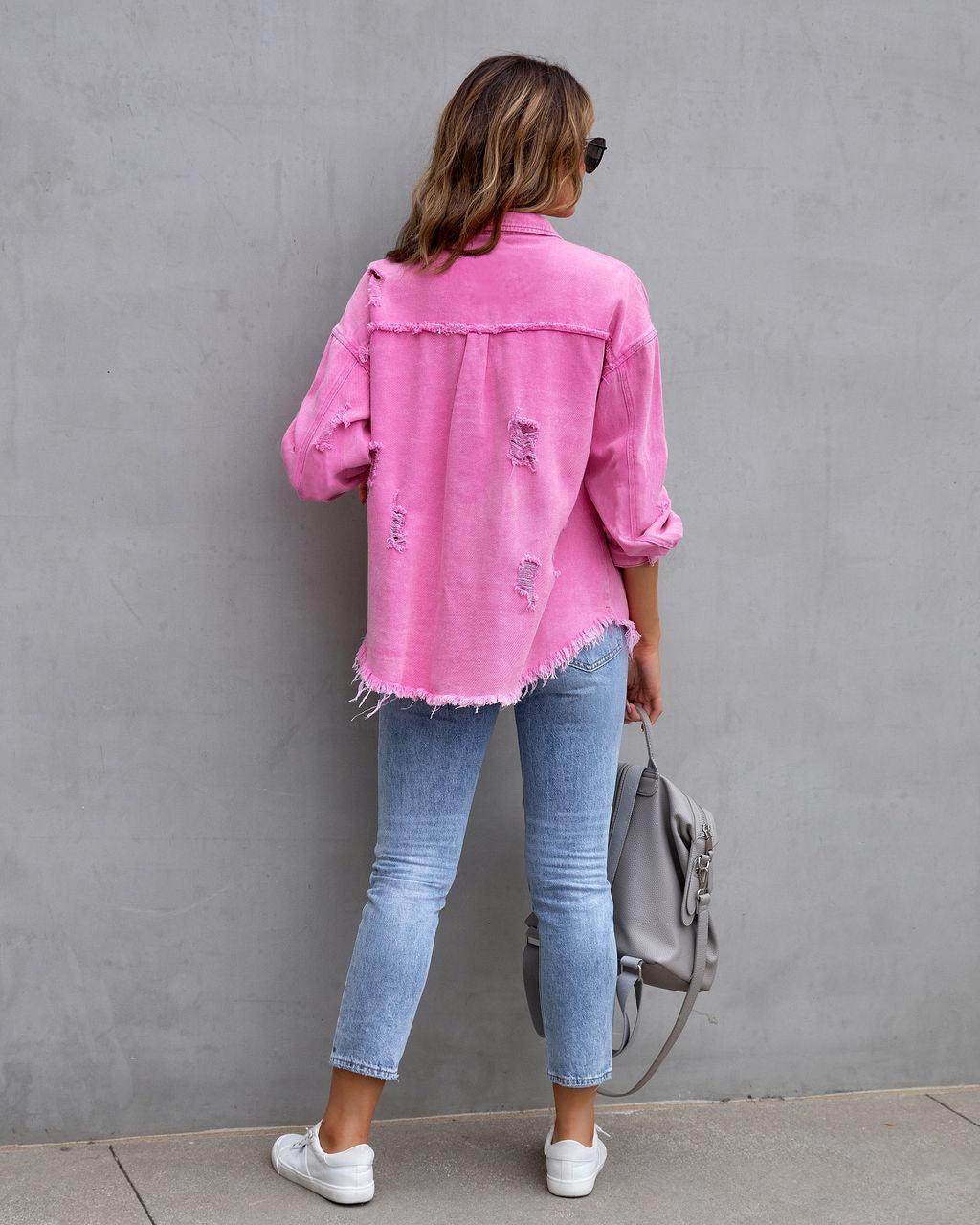 Giacca di jeans donna con volant strappata bavero manica lunga_voghion.com