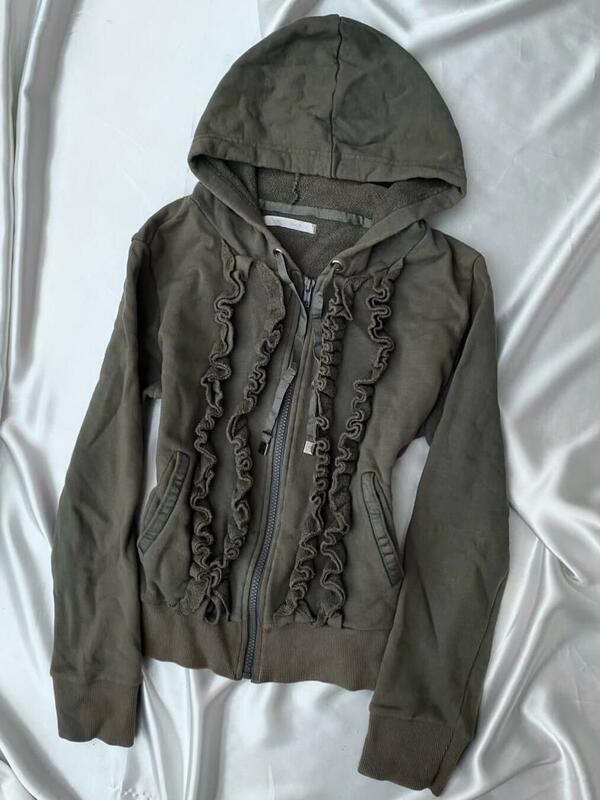 Early autumn American retro vintage gray army green distressed long-sleeve hooded thin jacket with ruffled trim Early autumn American retro vintage gray army green distressed long-sleeve hooded thin jacket with ruffled trim