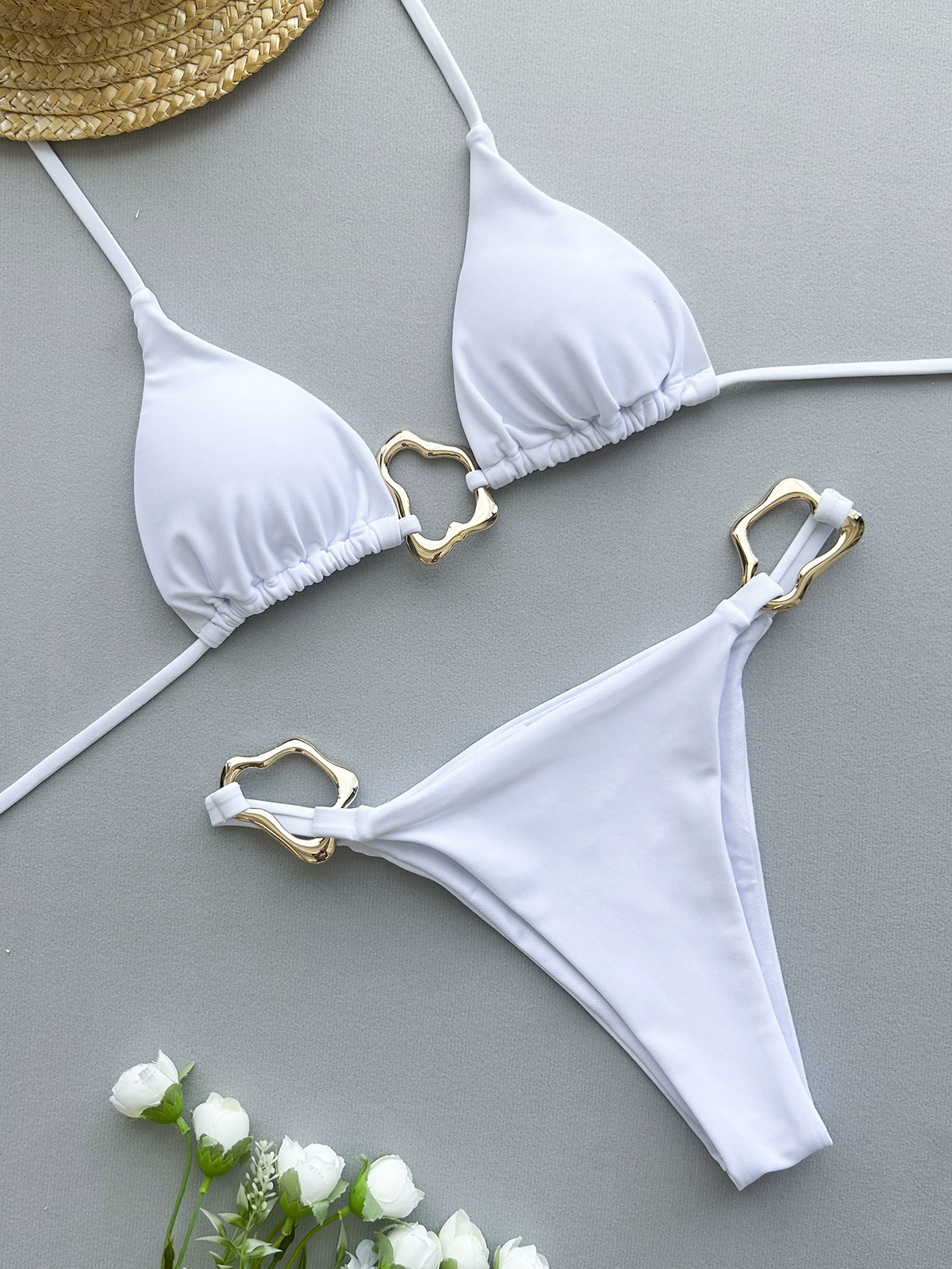 Women's split bikini set, European style, ring-accent design, sizes S–L