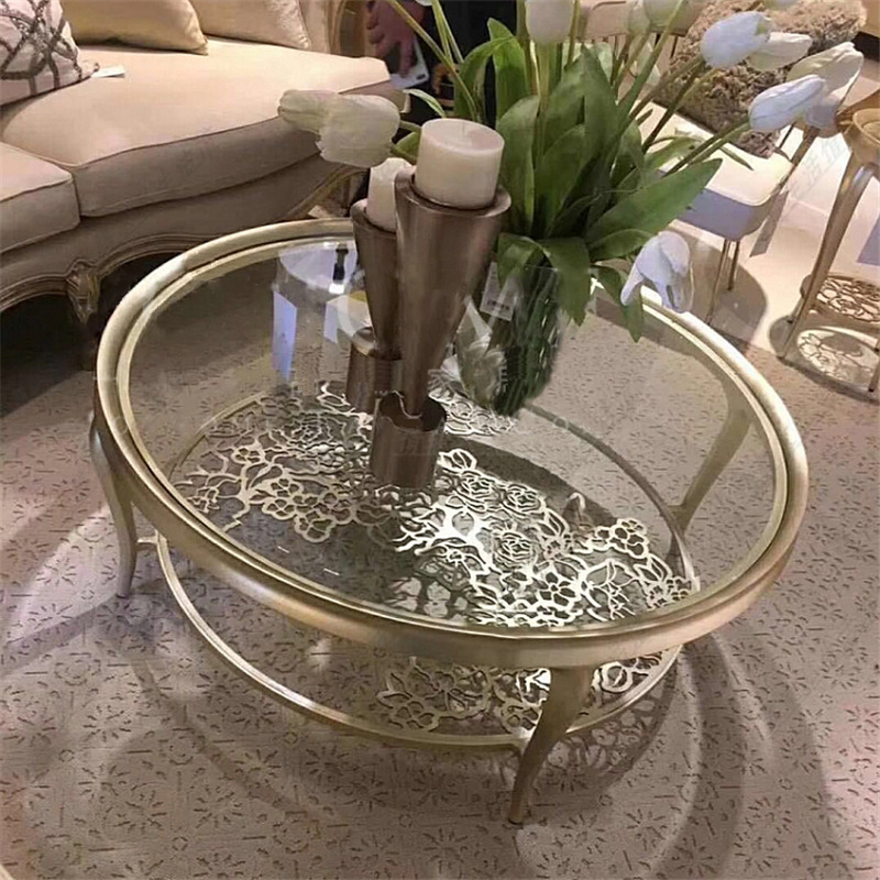 美式实木轻奢简约网红客厅不锈钢镂空茶几现代玫瑰花钢化玻璃jjω