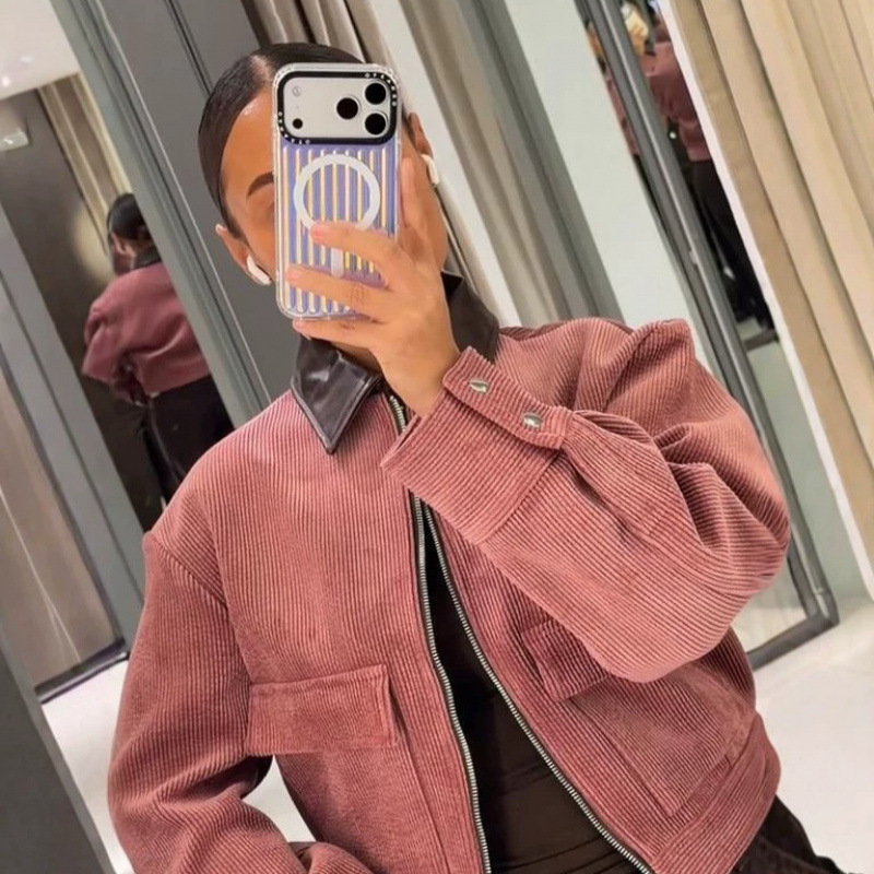 Chaqueta Corta Estilo Retro con Solapa de Poliéster con Cremallera para Ocio