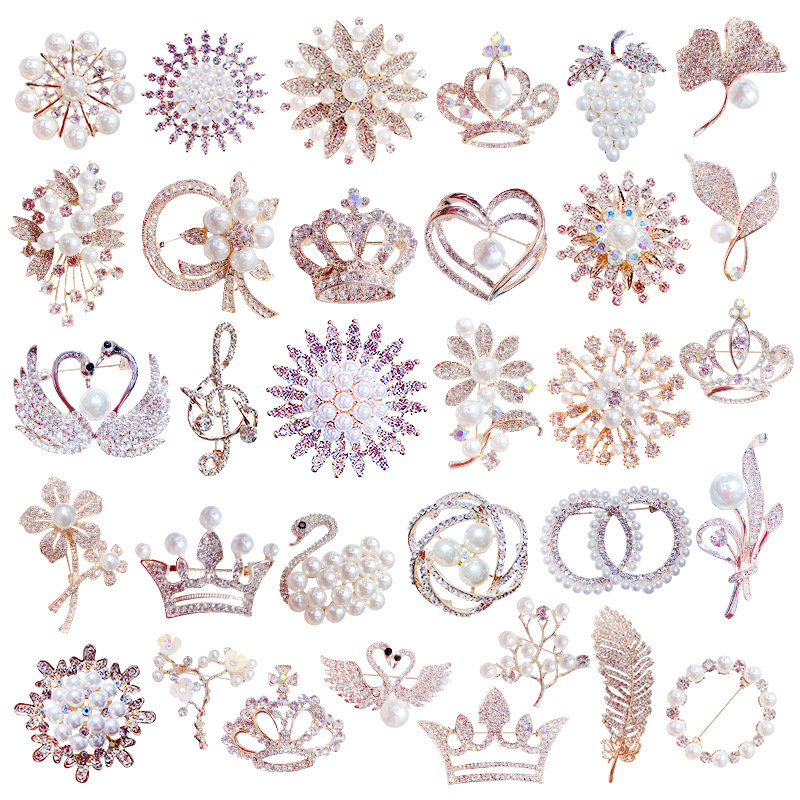 Brooch new wholesale pearl Brooch female diamond flower big round crown high-end corsage collar pin collar pin