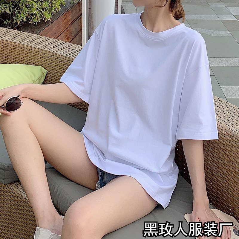 가을 여성용 편안한 미국식 반팔 티셔츠 루즈한 대형 신작 중간 길이 솔리드 컬러 탑 캐주얼 반팔 티셔츠