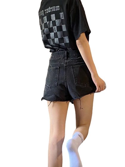 Black high waist Denim shorts women's summer 2022 new slimming thin ripped A- line hot pants hot girl pants