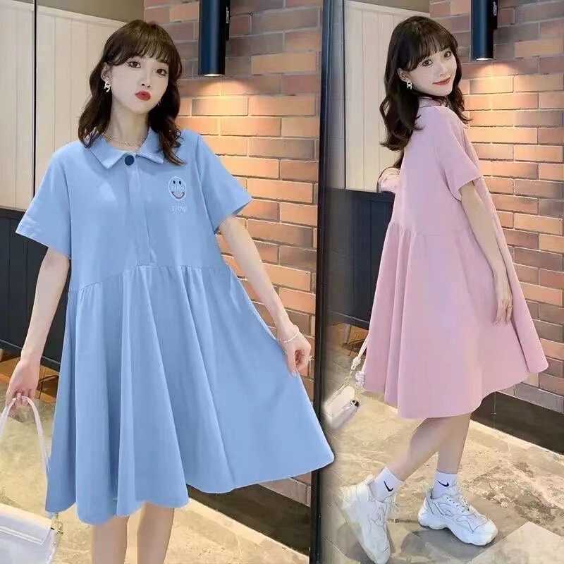 Pregnant Women Summer Short-sleeved Skirt Pregnant Full Stage Loose Belly Covering Trendy Mom POLO Collar Smiley Midi dress Pregnant Women Summer Short-sleeved Skirt Pregnant Full Stage Loose Belly Covering Trendy Mom POLO Collar Smiley Midi dress