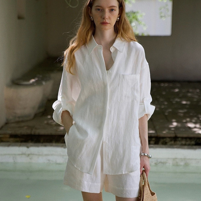 Relaxed Summer/Lazy Casual Old Money Style Pure Color White Linen Silhouette Shirt/Shorts Suit Relaxed Summer/Lazy Casual Old Money Style Pure Color White Linen Silhouette Shirt/Shorts Suit