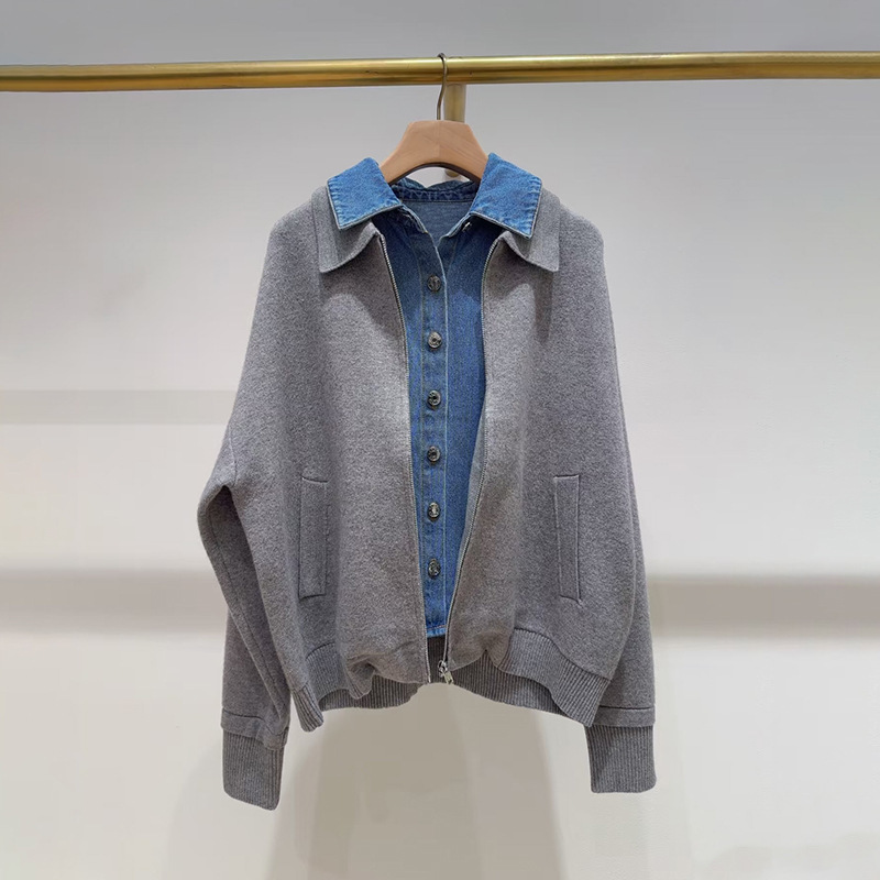 French-Style Niche 2026 Autumn/Winter Casual Faux Two-Piece Denim Double-Layer Color-Blocked Lapel Zipper Jacket 261049 French-Style Niche 2026 Autumn/Winter Casual Faux Two-Piece Denim Double-Layer Color-Blocked Lapel Zipper Jacket 261049