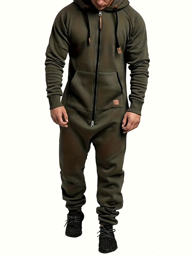 A Men's Hooded Lined Fleece Jumpsuit Long Sleeve Full Zip