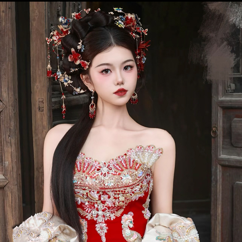 新中式秀禾头饰合金婚庆饰品红蓝高级感发簪古典汉服婚礼新娘发饰