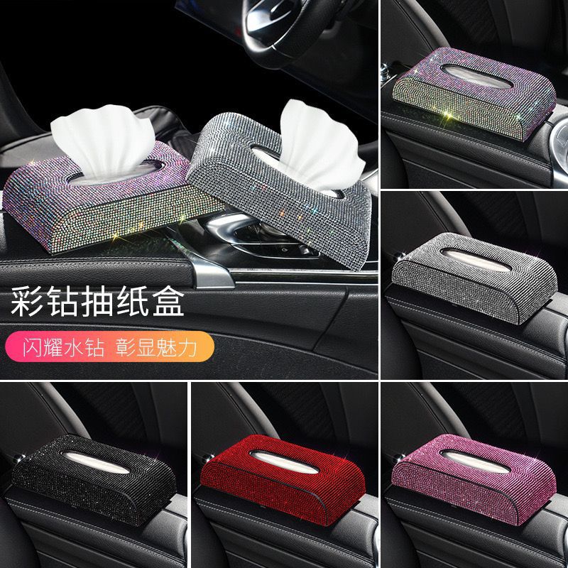 Caja de pañuelos creativa de coche transfronterizo caja de servilleta de asiento llena de diamantes coche de moda caja de pañuelos de asiento incrustado en diamante coche femenino