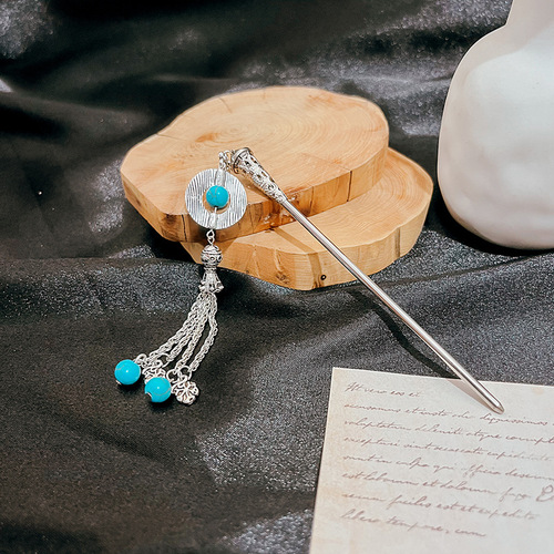 New Chinese style national trend hairpin, ethnic minority style Hanfu palace walking turquoise hollow flower tassel hairpin
