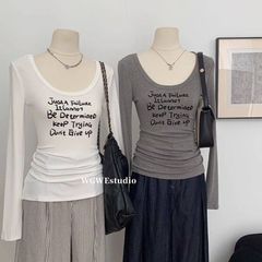 2025秋冬ドイツ製ベルベットUネックプリントTシャツレディース長袖スリム暖かいボトムシャツトップス外国貿易卸売