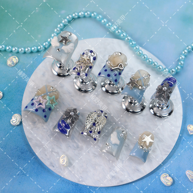 Cross-Border Duckbill Nail Tips Wearable Nails Blue Polka Dot Wings Stars Nude French Style Handmade Fake Nails Wearable Cross-Border Duckbill Nail Tips Wearable Nails Blue Polka Dot Wings Stars Nude French Style Handmade Fake Nails Wearable