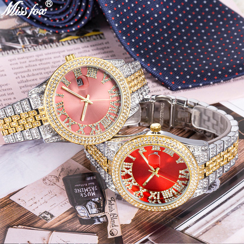 MISSFOX watch, international fashion Roman rose pink full diamond waterproof luminous men's quartz watch cross-border supply