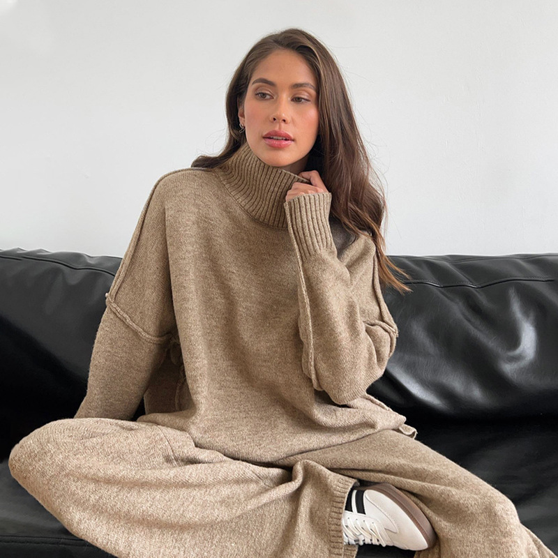 Cross-Border Turtleneck Sweater Suit for Women European and American Autumn and Winter New Loose Casual Lazy Thickened Knitted Trousers Suit