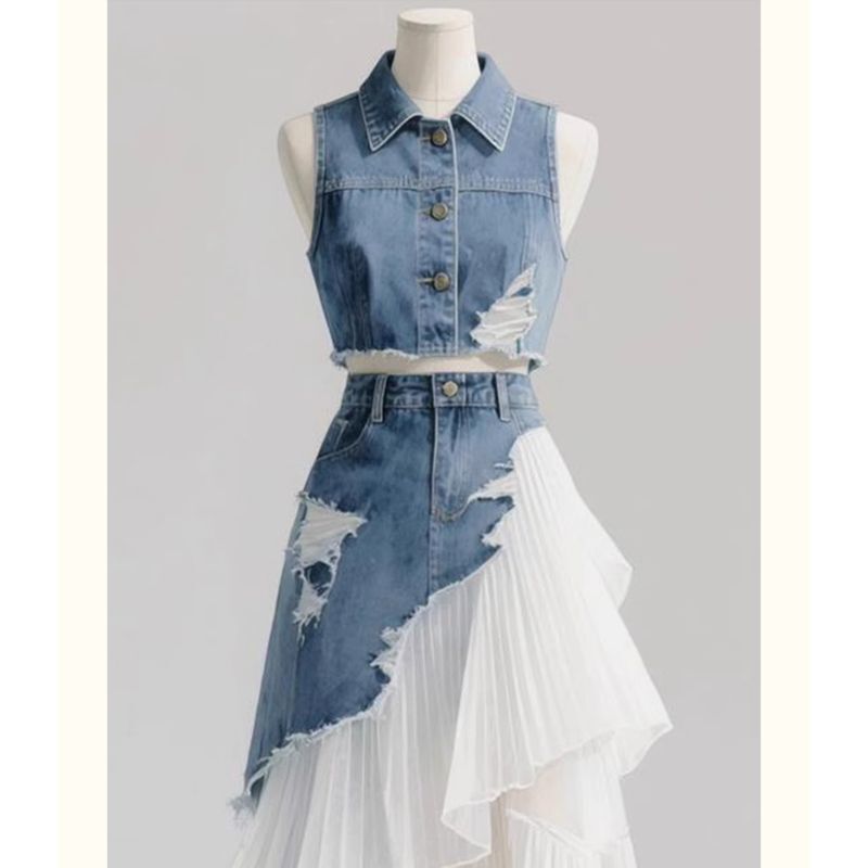 Gorgeous Women's Summer 2026 New Korean Fashion Street-Style Chanel-Inspired Denim Patchwork Two-Piece Skirt Set