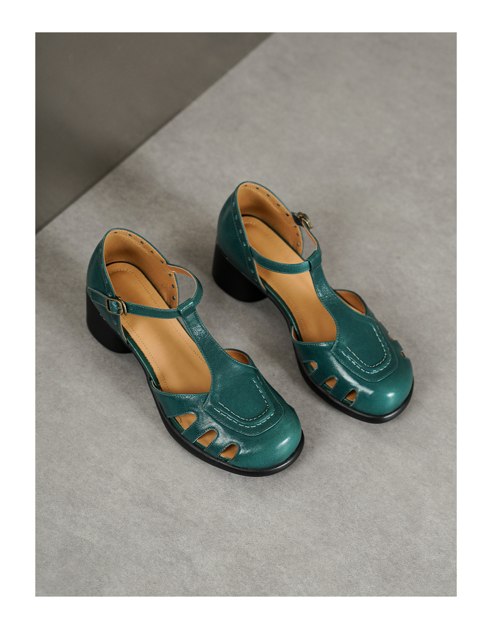 Sandal cao gót nữ mũi nhọn quai ngang khóa T, gót 5 cm, da bò thật — đen chi tiết 19