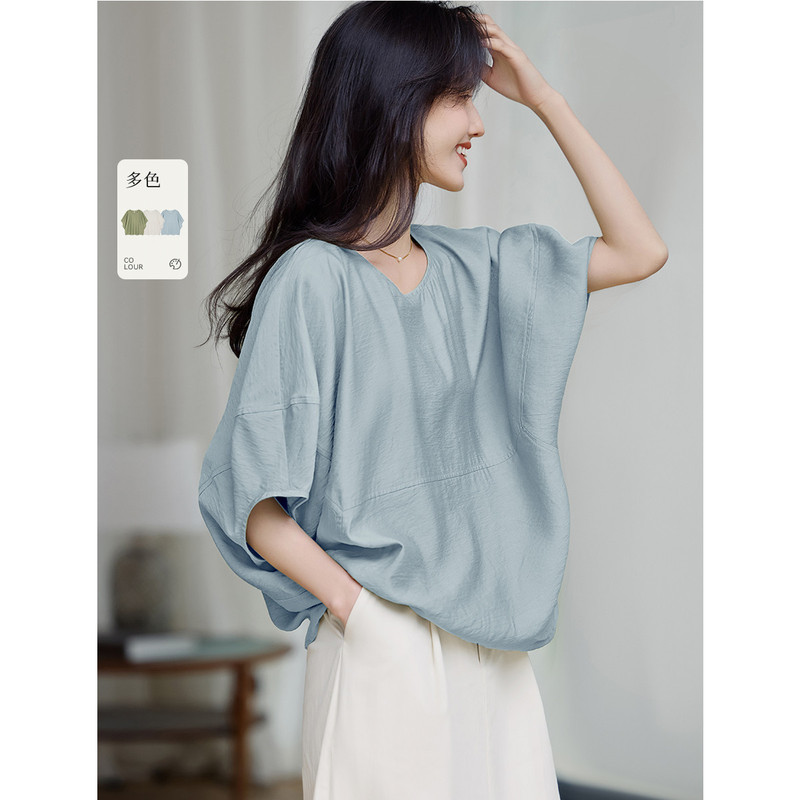 Elegant Niche 2025 Summer New Solid Color Texture Shoulder Sleeve Bat Shirt Top Age-Reducing Slimming