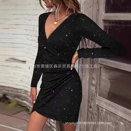 2025性感v领连衣裙派对亮片跨境修身包臀亚马逊新款