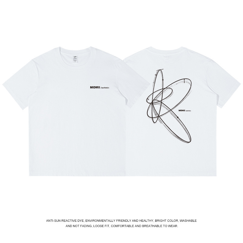 全国トレンド幾何学模様プリント Tシャツメンズ夏 ootd 白半袖コットンラウンドネックトップ女性 ins トレンド卸売|undefined
