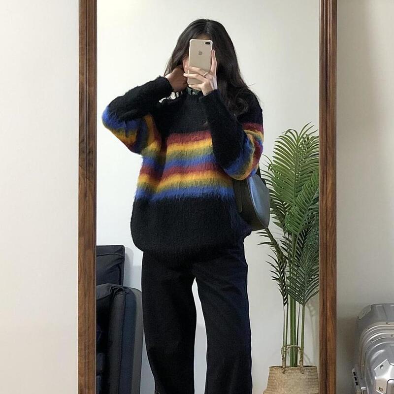Japanese Style Sweet Little Man Contrast Color Striped Rainbow Sweater Female Student Autumn and Winter Thickened Warm Pullover Sweater
