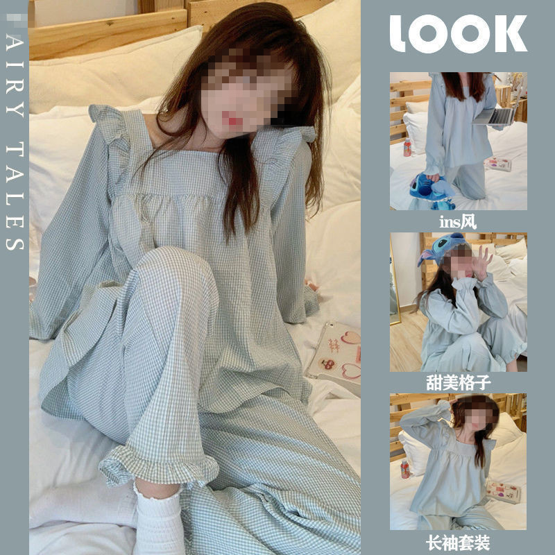 Pijamas de las mujeres Otoño e Invierno ins estilo pantalones de manga larga ropa para el hogar con volantes lindo Plaid se puede usar fuera traje de dos piezas