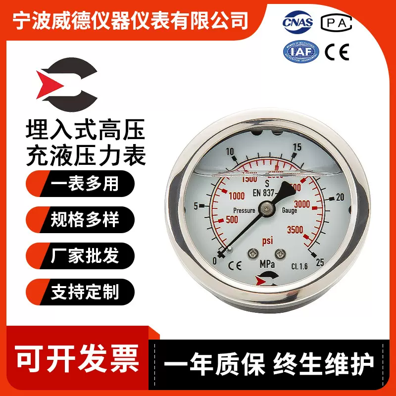 厂家批发充液压力表Y63/2.5英寸充液压力表 埋入式机械设备压力表