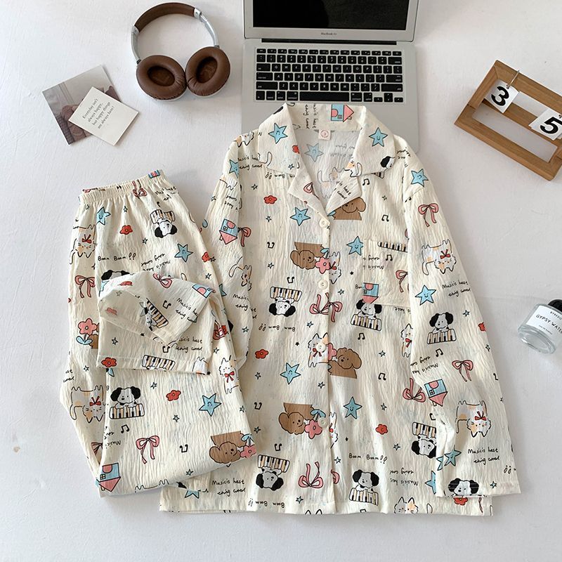 Al por mayor transfronterizo otoño nuevo pijama de manga larga nube de algodón de dibujos animados ropa doméstica de mujer se puede usar con un lindo conjunto de solapa