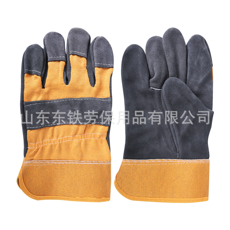厂家直销二层反绒皮黄布分掌牛皮电焊手套  隔热耐磨搬运工作手套
