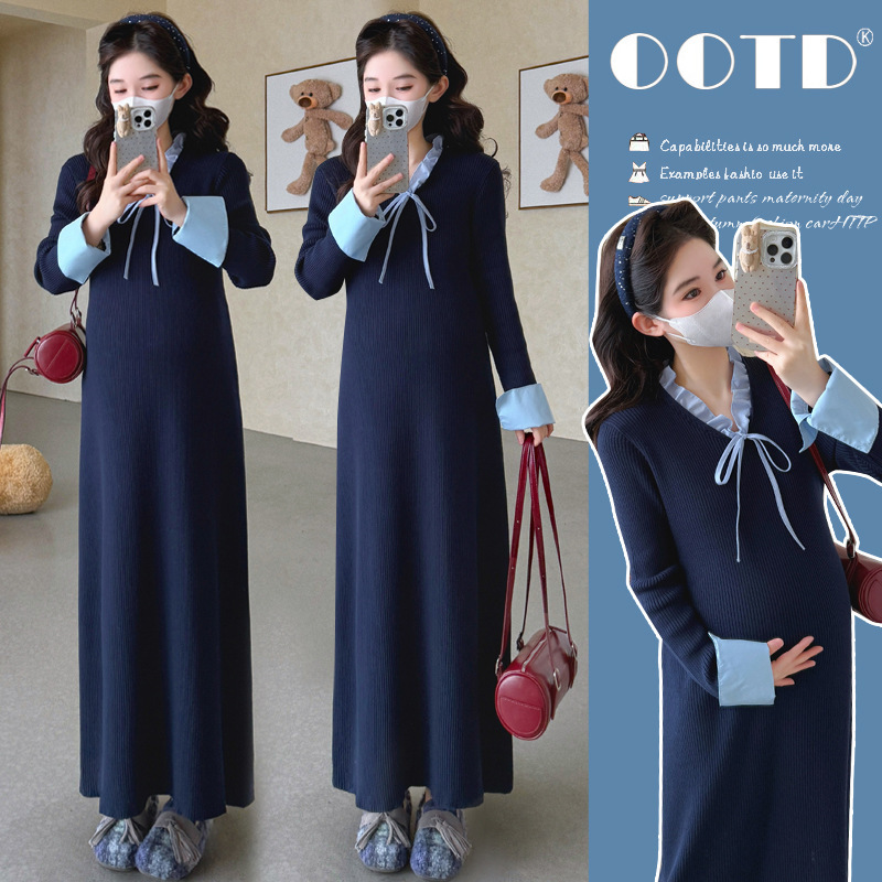 Maternity Wear 2025 Autumn and Winter New Fashion Elegant Age-Reducing Extended High-End Thickened Core-Spun Yarn Dress Autumn Wear