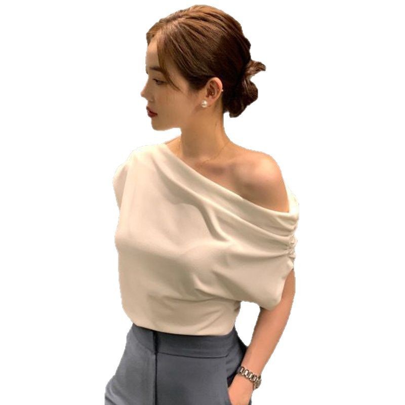 韩国chic2025夏季法式不规则斜肩设计感宽松纯色套头短袖T恤女潮|undefined