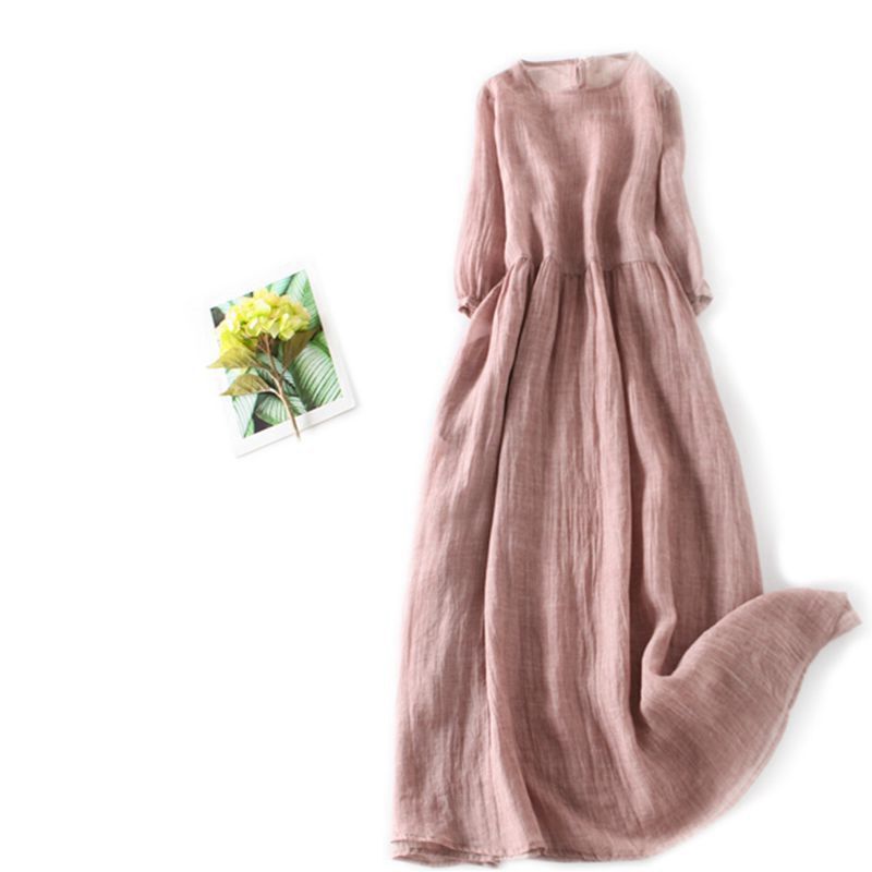 2026 Summer Style Cotton and Linen Artistic Round-Neck Three-Quarter Sleeve Mid-Length Dress with a Loose, Elegant, and Ethereal Flow