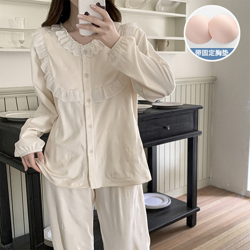 德绒睡衣女款带胸垫秋冬季加厚花边开衫长袖韩版公主风家居服套装|undefined