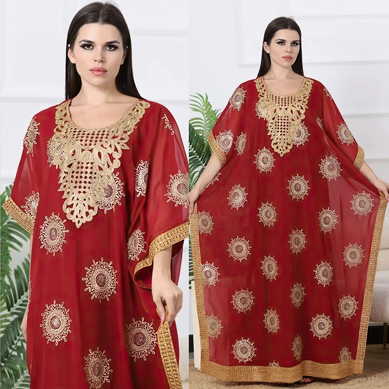 Cross-border European American Fashion Plus-size Dress, Hot-selling In The Middle East And Dubai, Gold-embossed Chiffon_ecoleips.com