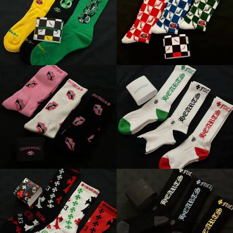 New Style Chrome Hearts Cross-Striped Towel-Bottom High-Tube Socks with Chrome Graffiti and Red Lip Embroidery, Swedish Fashion Long Socks New Style Chrome Hearts Cross-Striped Towel-Bottom High-Tube Socks with Chrome Graffiti and Red Lip Embroidery, Swedish Fashion Long Socks