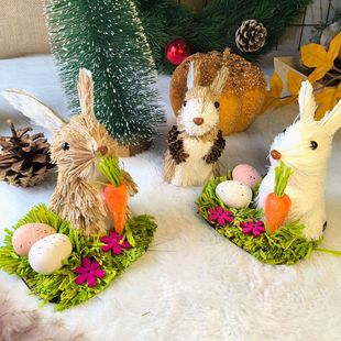 Foreign Trade Export Straw Rabbit Garden Balcony Decoration Ornaments Photography Mini Trumpet Handmade Natural Straw Rabbit