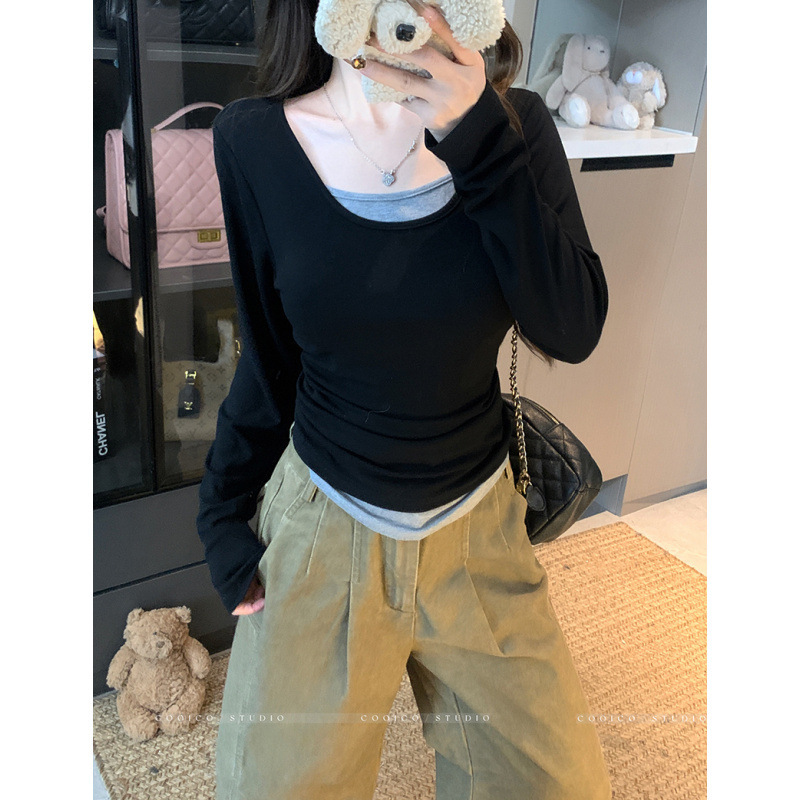2025秋装新款胖mm大码女撞色别致假两件掐腰显瘦修身内搭长袖上衣|undefined