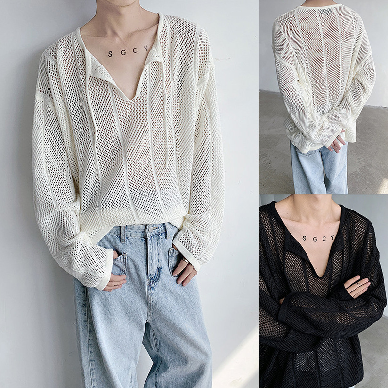 Sexy fishnet hollow-out sun protection cardigan knit sweater for men, spring and autumn style, suitable for layering, large mesh, cross-border factory wholesale