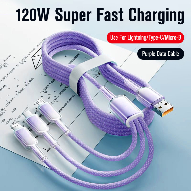 120w アイスクリスタルグラデーション 1 対 3 データケーブル、Apple、Android、Huawei の超高速充電に適したスリーインワン充電ケーブル|undefined