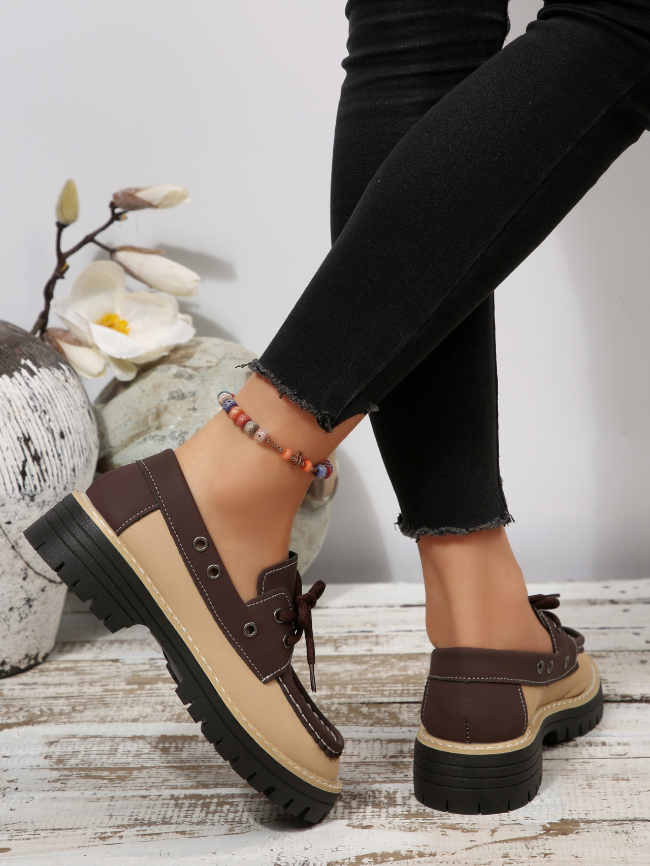 Women's Colour Block Loafers Lace Up Thick Sole Platform Shoes_voghion.com