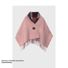 新款西太后格子围巾女士秋冬流苏羊毛斗篷双面披肩多功能保暖围脖