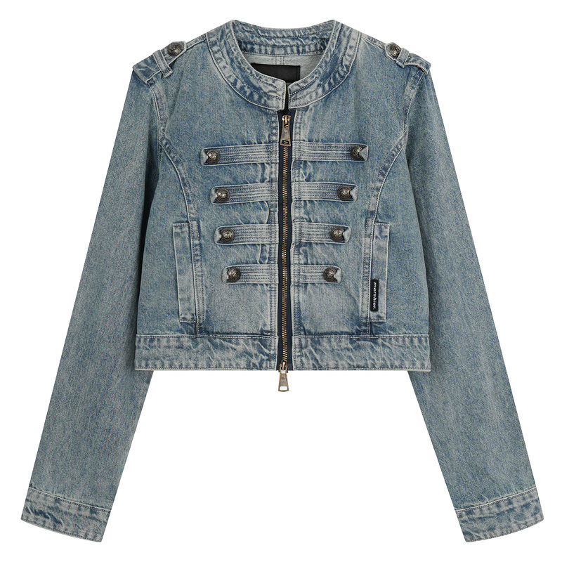 American-style spicy girl court-style short denim jacket with metal buckle design, high-waisted, slimming, long-sleeved, autumn and winter biker jacket American-style spicy girl court-style short denim jacket with metal buckle design, high-waisted, slimming, long-sleeved, autumn and winter biker jacket